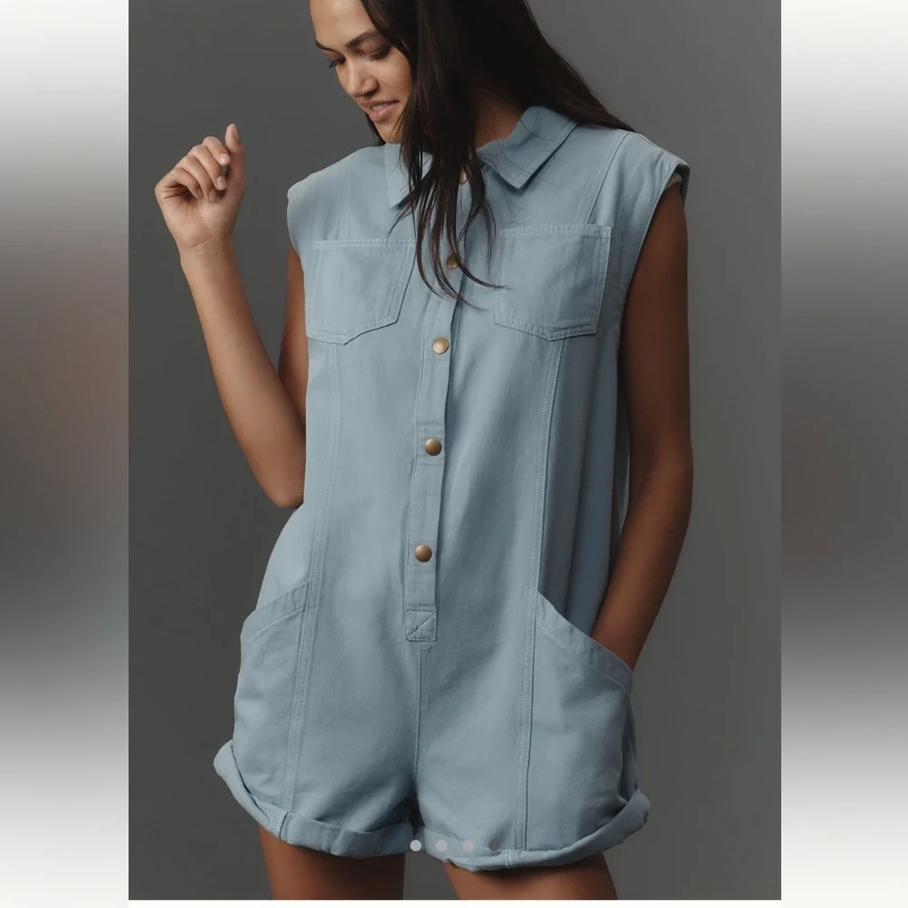 Anthropologie Pilcro Sleeveless Collared Romper Blue Sz Small - Picture 2 of 15